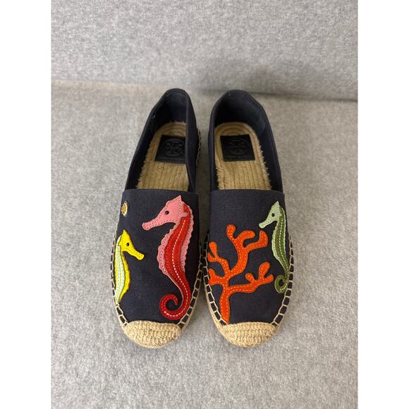 Tory Burch Seahorse Espadrilles Navy Canvas Jute Slip-On Flats Size 6.5 - Picture 1 of 7